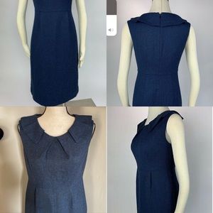 Black Royal Blue Tweed Retro Collar Sheath Stretch Dress EUC